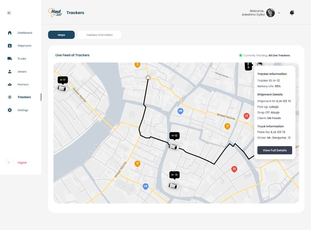 Trackers dashboard and route map