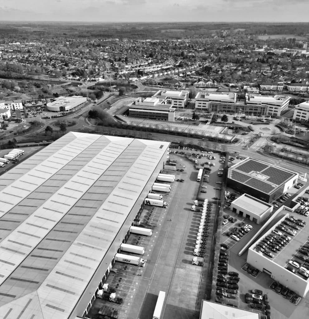 Warehouse district aerial grayscale image